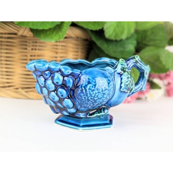 Indigo Blue Ceramic Footed Creamer Pitcher Embossed Fruit Grapes Leaves Inarco - Picture 4 of 8